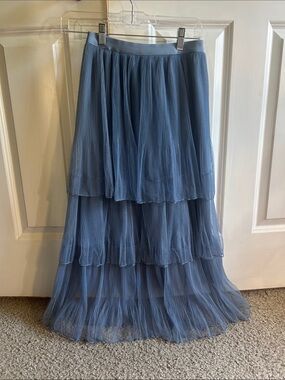 Tiered Dusty Blue Midi Skirt with Elastic Waistband